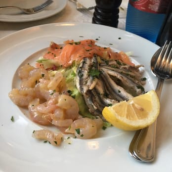 Malvasia - Salmon, sarde, and gamberetti antipasto.  Amayzin - Sicilian Near Me - Taormina, Maine