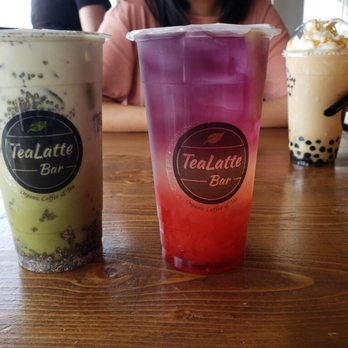 TeaLatte Bar - Matcha latte with chia seeds, Waikiki sunset with heart jelly, caramel frappuccino with boba in the back - Coffee & Tea Near Me - Carrollton, Texas