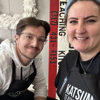 Katsumi's Teaching Kitchen - Greg and I in our free aprons! - Cooking Classes Near Me - Beech Grove, Indiana