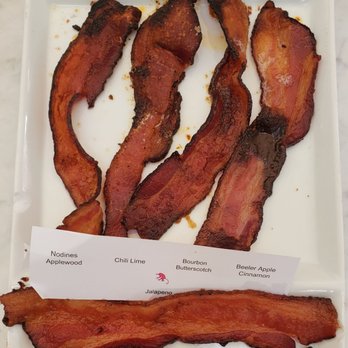 Cheeky's - Bacon flight - best were the Bourbon Butterscotch and the Nodines Applewood. - Breakfast & Brunch Near Me - Palm Springs, California Cheeky's - Bacon flight - best were the Bourbon Butterscotch and the Nodines Applewood. - Breakfast & Brunch Near Me - Palm Springs, California