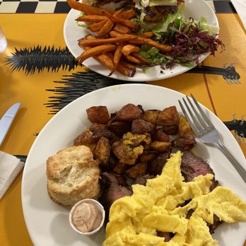 My Kitchen Witch Cafe - Steaks and eggs stone and chicken sandwich with sweet potato fries yum - New American Near Me - Monmouth Beach, New Jersey
