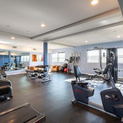 Legacy Apartments - Gym featuring modern equipment, free weights and treadmill.
