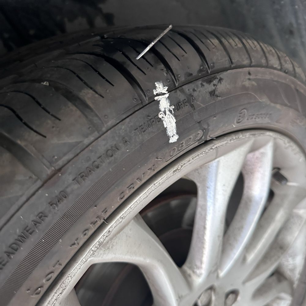 The tire I came in with, and the tire he swapped out for the spare for no charge. The tire I came in with, and the tire he swapped out for the spare for no charge.