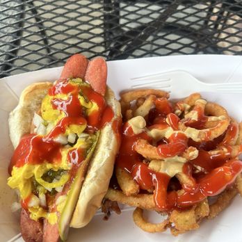 The Wienery - Chicago Dog with onion rings!! - Hot Dogs Near Me - Stamford, Connecticut The Wienery - Chicago Dog with onion rings!! - Hot Dogs Near Me - Stamford, Connecticut