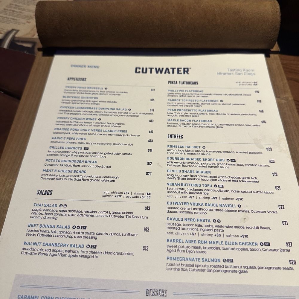 Cutwater Spirits - Dinner menu - Distilleries Near Me - San Diego, California Cutwater Spirits - Dinner menu - Distilleries Near Me - San Diego, California