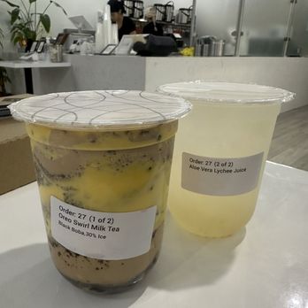 Boba Me - Small Oreo Swirl Milk Tea + boba  Small Aloe Lychee Fruit Tea + lychee jelly   both 10/10 - Desserts Near Me - Alameda, California