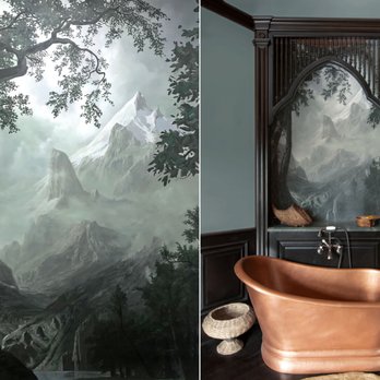 Hattas Studios - Dramatic, grisailles (monochrome) mountain landscape mural in bathroom. Private residence, Los Angeles, CA - Painters Near Me - Los Angeles, California