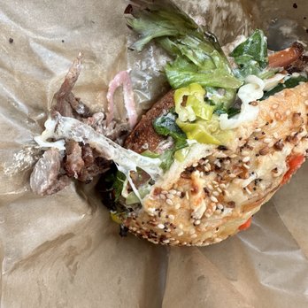 Panera Bread - Asiago Bagel, Spicy Steak Asiago Bagel Stack - Salad Near Me - Naperville, Illinois