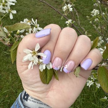 Ivy Nails - Trendy spring nails with periwinkle blue polish, French tips and flower nail designs - Nail Salons Near Me - Lynnwood, Washington
