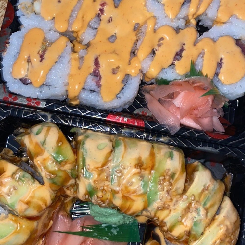 Fleurichi Express Sushi - spicy tuna on top and leave dragon roll w extra sauce on bottom - Sushi Bars Near Me - Clovis, California Fleurichi Express Sushi - spicy tuna on top and leave dragon roll w extra sauce on bottom - Sushi Bars Near Me - Clovis, California