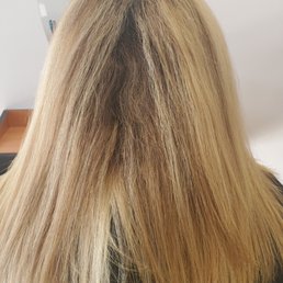 Before highlights, toner, olaplex, cut, blowout, and styling