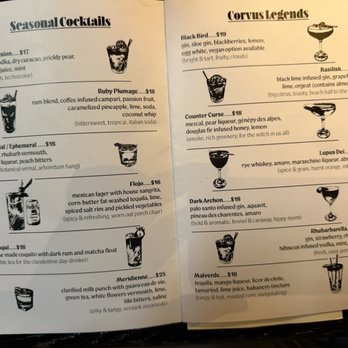 Corvus & Company - Cocktail Menu - Seasonal and Legends - Cocktail Bars Near Me - Seattle, Washington