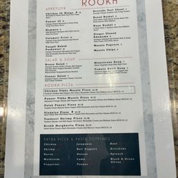 Menu for Rookh Menu for Rookh