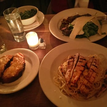 Saggio - Spaghetti Al Limone w chicken & Tagliata Toscano (skirt steak) with parmesan-topped arugula. Sautéed spinach & garlic bread also pictured. - Italian Near Me - New York, New York Saggio - Spaghetti Al Limone w chicken & Tagliata Toscano (skirt steak) with parmesan-topped arugula. Sautéed spinach & garlic bread also pictured. - Italian Near Me - New York, New York