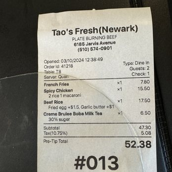 Tao‘s Fresh - Receipt - Asian Fusion Near Me - Newark, California Tao‘s Fresh - Receipt - Asian Fusion Near Me - Newark, California