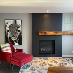 Reis Renovations - Living room floating sequoia mantle and custom fireplace