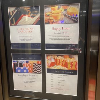 Ivy Park at Otay Ranch - Some of the activities posted in their elevator for residents to join - Memory Care Near Me - Chula Vista, California