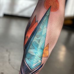 Ink Medicine - Abstract mountain and sun themed calf tattoo