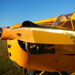 WaterWings Seaplanes - Our 1939 Piper Cub taildragger with its wooden prop gleaming in the evening sun, just waiting for a flight.