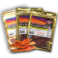 Jeff's Famous Jerky - Real bacon jerky in 3 flavors... Maple Brown Sugar, Sweet Lemon Pepper and Honey Jalapeno.
