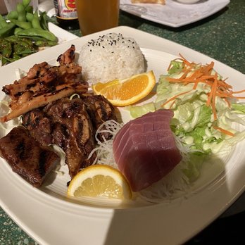 Shogun Sushi - 3 Combo Plate with Honey Spicy Chicken, Sashimi (Tuna) and BBQ Short Ribs - Sushi Bars Near Me - Carmichael, California Shogun Sushi - 3 Combo Plate with Honey Spicy Chicken, Sashimi (Tuna) and BBQ Short Ribs - Sushi Bars Near Me - Carmichael, California