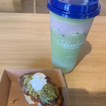 Coffeeholic House - Dubai chocolate croffle (mini sized) and large Matcha Purple Haze light ice - Coffee & Tea Near Me - Seattle, Washington