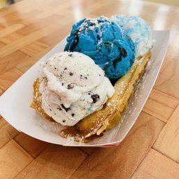 Cookies & cream, Cookie Monster and Birthday Cake ice cream on a waffle- YUM! Cookies & cream, Cookie Monster and Birthday Cake ice cream on a waffle- YUM!