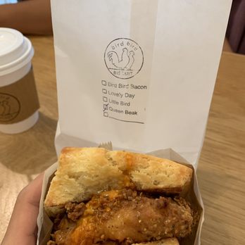 Bird Bird Biscuit - The Queen Beak, probably the most popular menu item. Simply a biscuit with fried chicken and spicy sauce. - Breakfast & Brunch Near Me - Austin, Texas