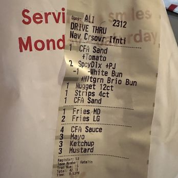 Chick-fil-A - 4 pieces strips on the receipt - Fast Food Near Me - Roseville, California