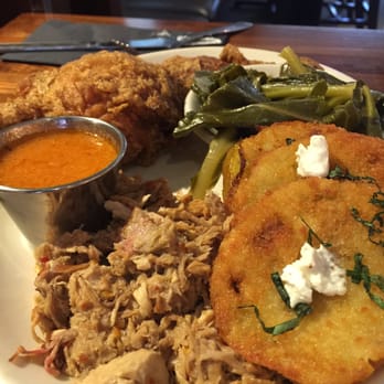 The Pit - Carolina combo with fried green tomatoes and collards. - Barbeque Near Me - Raleigh, North Carolina