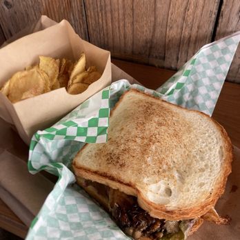 Dad's Luncheonette - Hamburger with mushrooms added and home made potato chips - New American Near Me - Half Moon Bay, California Dad's Luncheonette - Hamburger with mushrooms added and home made potato chips - New American Near Me - Half Moon Bay, California