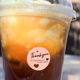 "Thank you for supporting my small business" sticker on the Thai tea float. Cute "Thank you for supporting my small business" sticker on the Thai tea float. Cute
