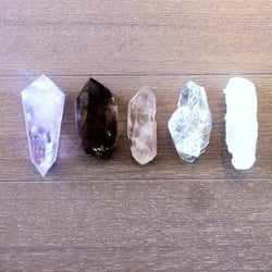 Geologic - Recent purchases from Geologic. [L-R] Amethyst, Smoky Quartz,  Lithium Quartz, Herkimer Diamond, Anandalite