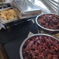 Veg lo mein, bbq pork, and chicken teriyaki