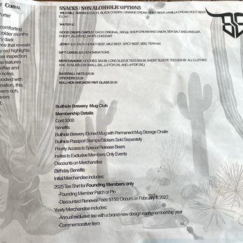 Bullhide Brewery - The menu on December 26, 2025 including info on merchandise and the mug club. - Breweries Near Me - Pilesgrove, New Jersey