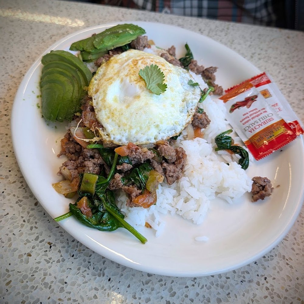 R&R’s Cafe - Simple ground beef with spinach and bell pepper over rice. Hubby ordered with a side of egg and avocado. - American Near Me - San Pablo, California R&R’s Cafe - Simple ground beef with spinach and bell pepper over rice. Hubby ordered with a side of egg and avocado. - American Near Me - San Pablo, California