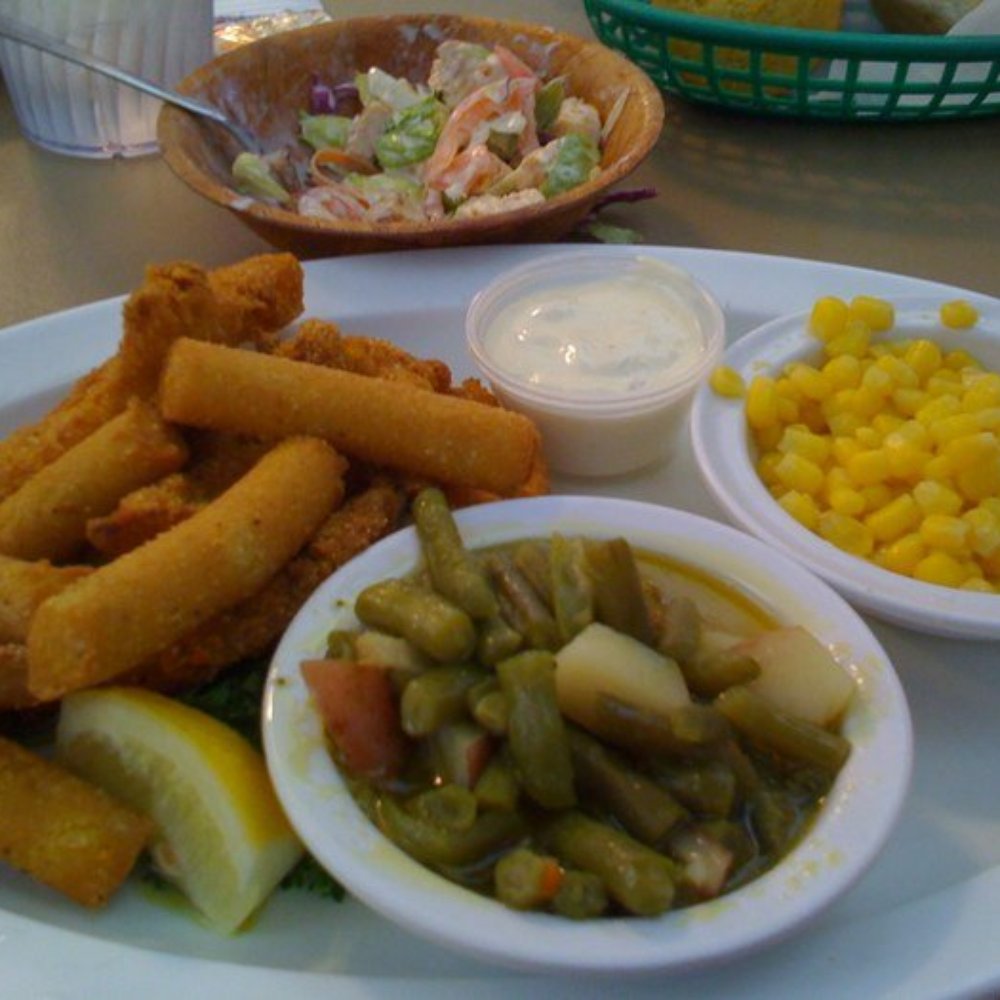The House Cafe - 4-piece fried catfish w/hush puppies, green beans, corn & salad - Cafes Near Me - Richardson, Texas The House Cafe - 4-piece fried catfish w/hush puppies, green beans, corn & salad - Cafes Near Me - Richardson, Texas