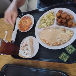Hole in the Wall Cafe - Chicken Parmesan, fried okra, broccoli casserole, fried cornbread and Peanut butter pie. Delicious