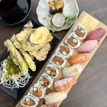 KA Sushi - Veggie Tempura, spicy scallop nigiri, 7 Pieces Nigiri Combo Lunch. Subbed the California roll for spicy salmon roll. - Japanese Near Me - Houston, Texas