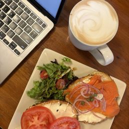 Latte with Syrup and Smoked Salmon Wild Lox & Bagel w/ Organic Spring Mix Latte with Syrup and Smoked Salmon Wild Lox & Bagel w/ Organic Spring Mix