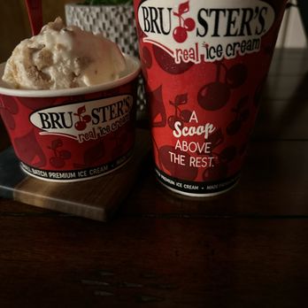 Bruster's Real Ice Cream - Small chocolate milkshake and two scoops of ice cream in a cup. NY Cheesecake and Banana pudding. - Desserts Near Me - Whittier, California Bruster's Real Ice Cream - Small chocolate milkshake and two scoops of ice cream in a cup. NY Cheesecake and Banana pudding. - Desserts Near Me - Whittier, California