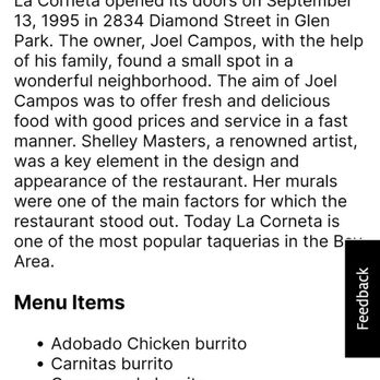 La Corneta - the menu of the restaurant - Food Stands Near Me - San Francisco, California La Corneta - the menu of the restaurant - Food Stands Near Me - San Francisco, California