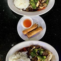 Top - shrimp and mixed vegetable lunch special Middle - egg rolls Bottom - beef and mixed vegetable lunch special Top - shrimp and mixed vegetable lunch special Middle - egg rolls Bottom - beef and mixed vegetable lunch special