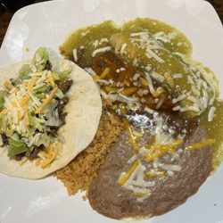 Xavier Tex Mex & Bar - Sampler plate with beef soft taco, chicken enchilada verde, and a pork tamale with chili. Yum!