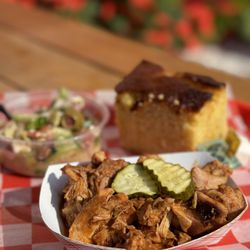 Smokey's BBQ - Pulled chicken, cornbread and Greek salad.