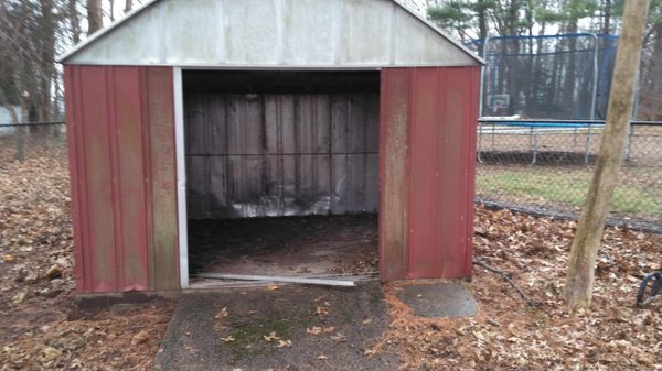 Shed tear down and removal as well as disposal of unwanted items within shed - This shed was in decent condition but owners wanted a larger shed to accommodate more equipment so I removed shed start to finish in 2 hours. Project also involved removing non functioning lawn equipment, partial bags of fertilizer, and broken hand tools. Shed tear down and removal as well as disposal of unwanted items within shed - This shed was in decent condition but owners wanted a larger shed to accommodate more equipment so I removed shed start to finish in 2 hours. Project also involved removing non functioning lawn equipment, partial bags of fertilizer, and broken hand tools.