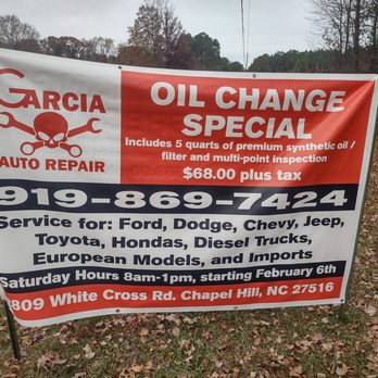 Garcia Auto Repair - Oil Change special for most gasoline vehicles $68 - Auto Repair Near Me - Chapel Hill, North Carolina Garcia Auto Repair - Oil Change special for most gasoline vehicles $68 - Auto Repair Near Me - Chapel Hill, North Carolina