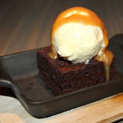 The Lodge and Spa at Brush Creek Ranch - For dessert we had the BCR Double Chocolate Brownie served with vanilla ice cream & topped with salted caramel sauce.