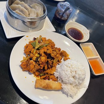 J-Bistro - 5 spicy chicken, steamed rice and an order of steamed dumplings.  I didn't order from the lunch combo menu-but - Chinese Near Me - Atlanta, Georgia