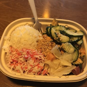 Poke Bar - White rice, Hawaiian tuna, salmon, tuna, spicy mayo, cucumber, pineapple, onion, crab meat, cucumber salad, ginger and crispy garlic. - Poke Near Me - Scottsdale, Arizona Poke Bar - White rice, Hawaiian tuna, salmon, tuna, spicy mayo, cucumber, pineapple, onion, crab meat, cucumber salad, ginger and crispy garlic. - Poke Near Me - Scottsdale, Arizona
